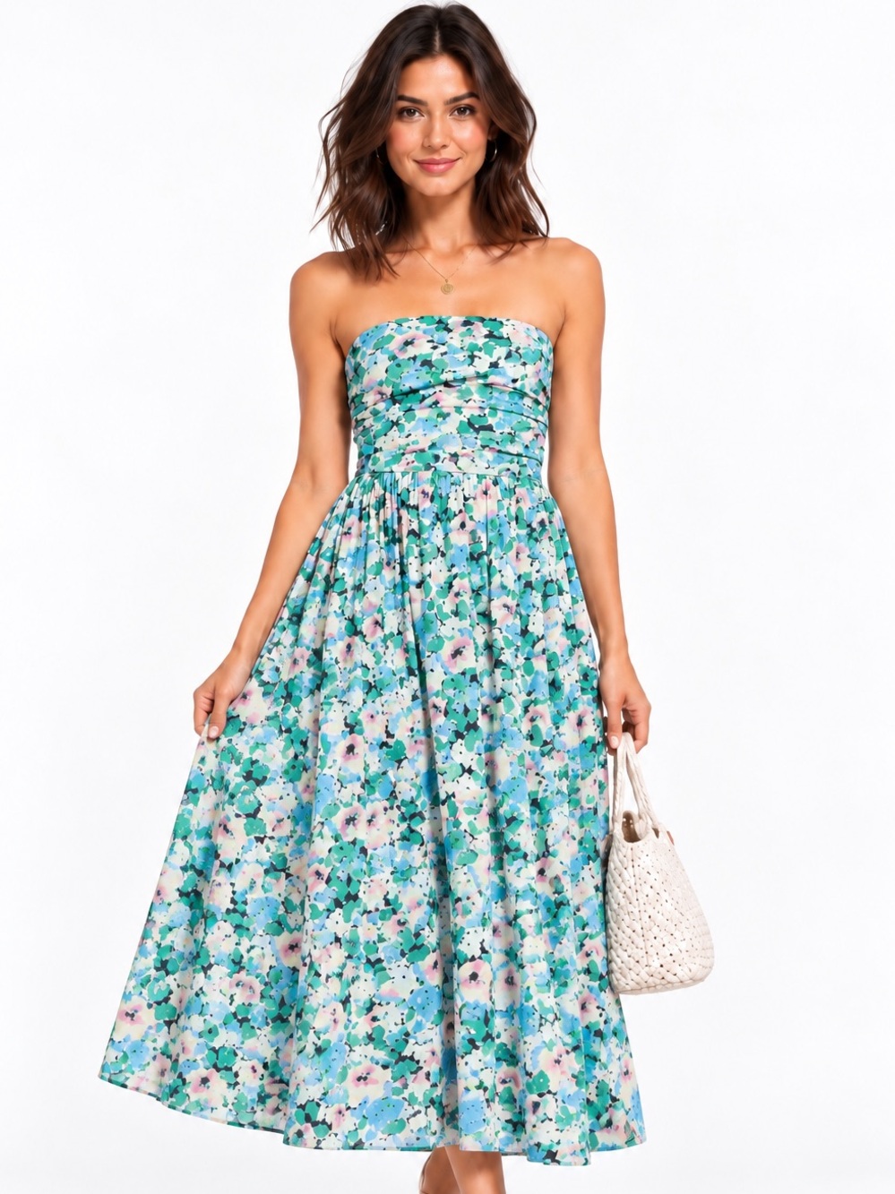 GANNI Beachwear Wrap Dress Floral Azure Blue S/M Cotton Cutout Midi